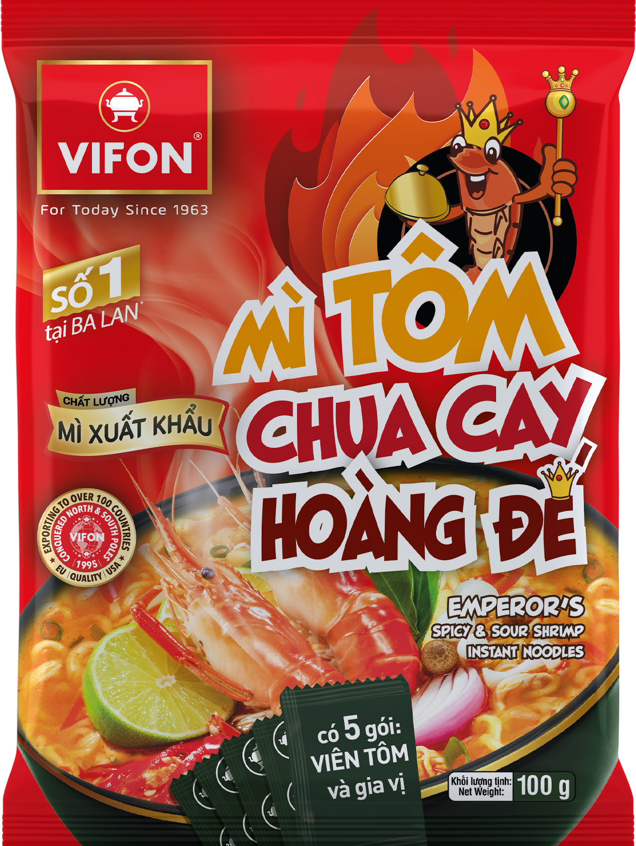 Mì ăn liền tôm chua cay VIFON Emperor (100g, 18 gói/thùng)