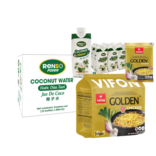 🔥 Combo Deal: 1 Case RENSO Coconut Water 500ml + 1 case VIFON Golden Chicken Flavor Noodle Soup