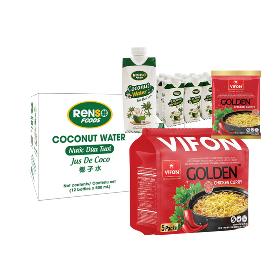 🔥 Combo Deal: 1 Case RENSO Coconut Water 500ml + 1 case VIFON Golden Chicken Curry Flavor Noodle Soup
