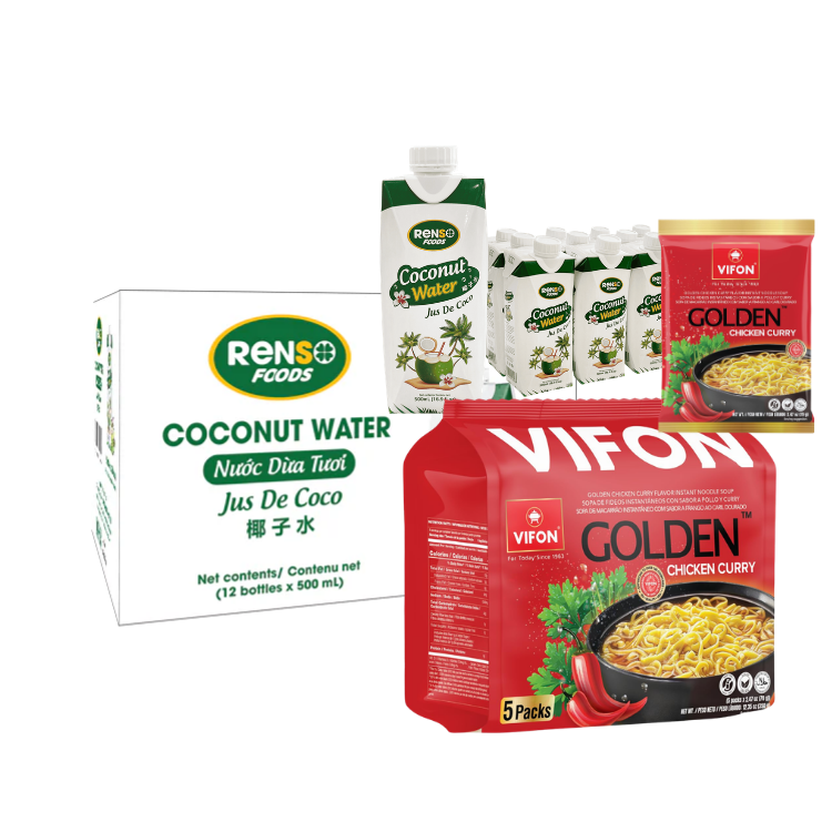 🔥 Combo Deal: 1 Case RENSO Coconut Water 500ml + 1 case VIFON Golden Chicken Curry Flavor Noodle Soup