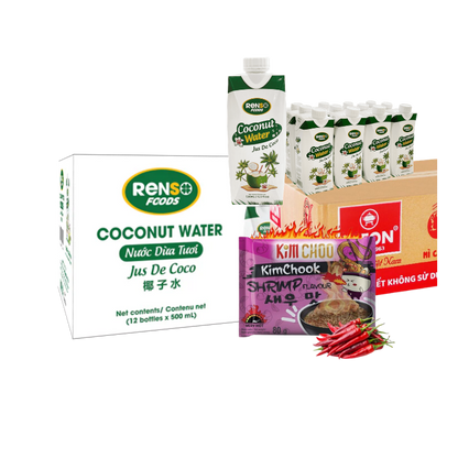 🔥 Combo Deal: 1 Case RENSO Coconut Water 500ml + 1 Case VIFON Kimchook Shrimp Flavor