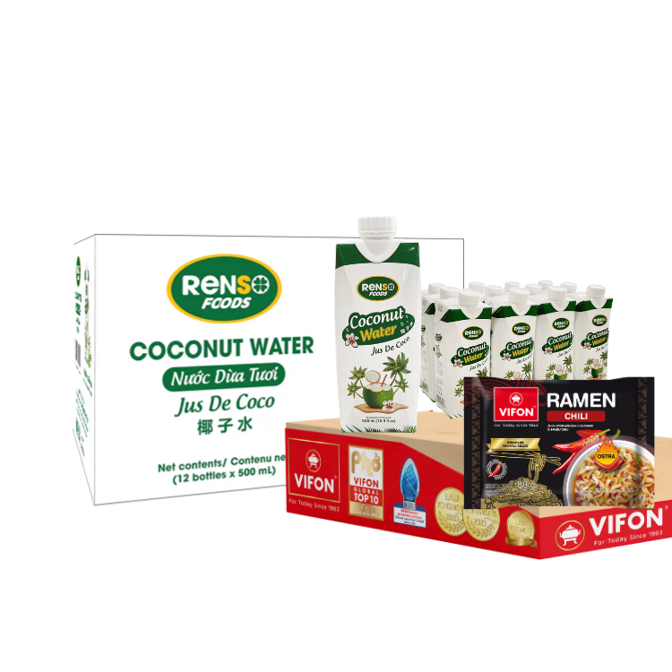 🔥 Combo Deal: 1 Case RENSO Coconut Water 500ml + 1 case VIFON Ramen Chili