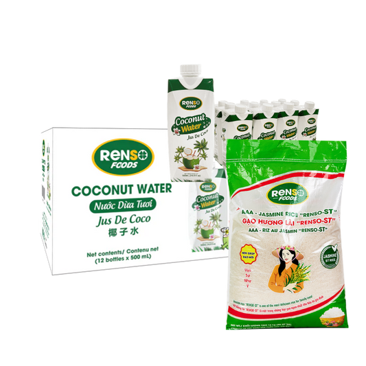 🔥 Combo Deal: 1 Case RENSO Coconut Water 500ml + 1 Bag RENSO AAA - Jasmine Rice "RENSO ST" (16kg)