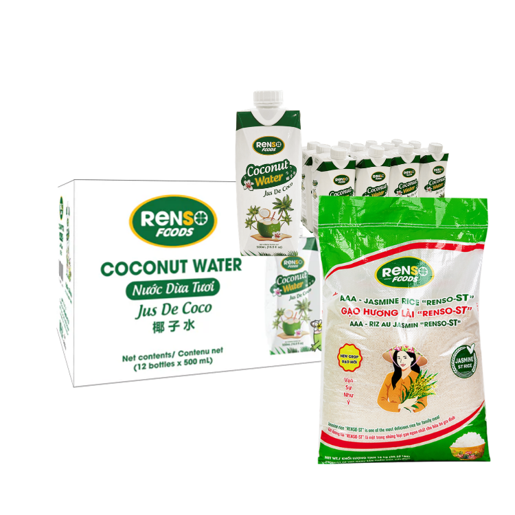 🔥 Combo Deal: 1 Case RENSO Coconut Water 500ml + 1 Bag RENSO AAA - Jasmine Rice "RENSO ST" (16kg)