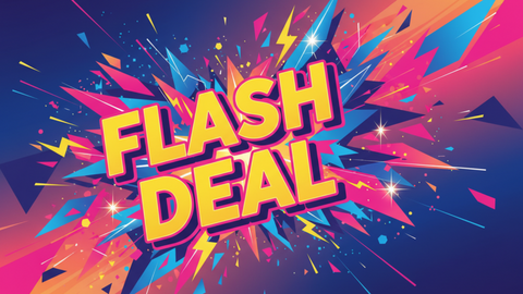Colorful 'FLASH DEAL' text with abstract shapes on a dark background